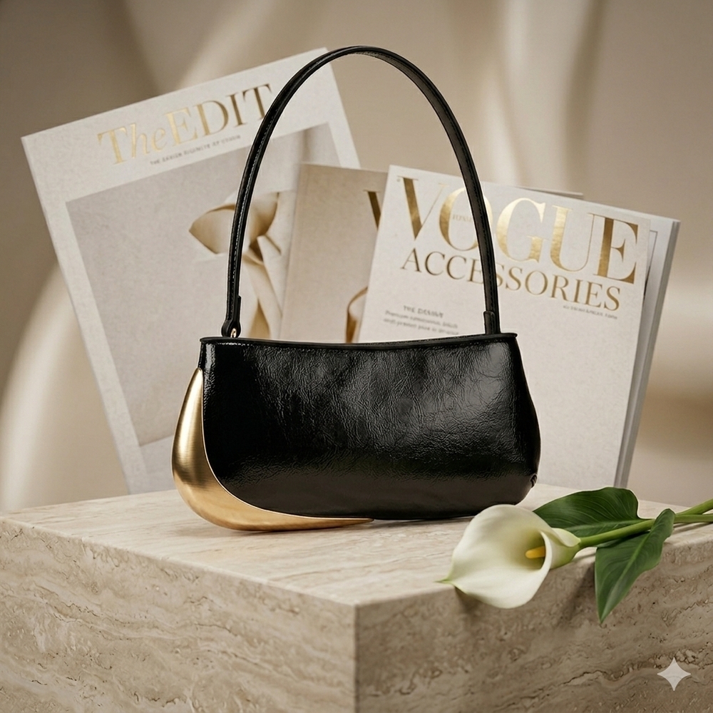 Sculptural Crescent-Accent Women's Cooper Black Leather Shoulder Bag - Picture 8 of 8